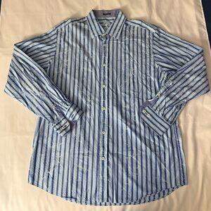 Bugatchi Classic Fit Long Sleeve Button Down Shirt - Blue Striped w/ Pattern
